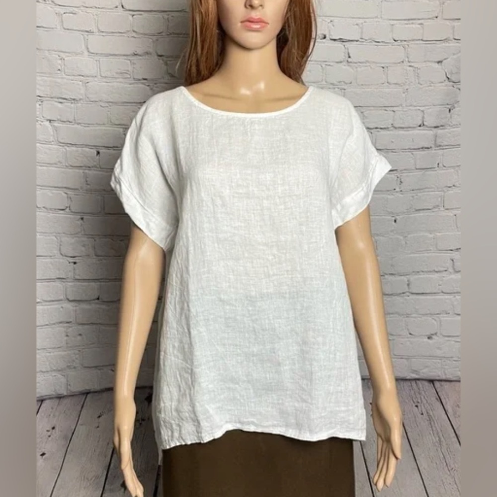 Terzo Millennio White 100% Linen Back Button Top Made in Italy - Picture 1 of 10